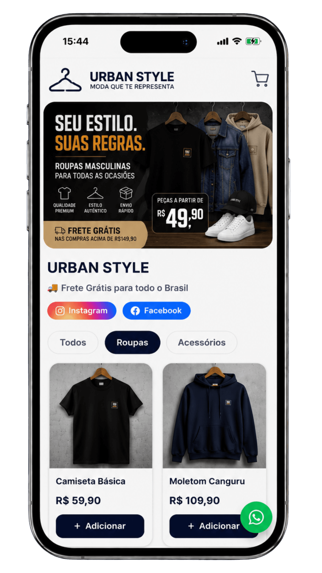 Exemplo de loja de moda masculina criada com o LojaLinks